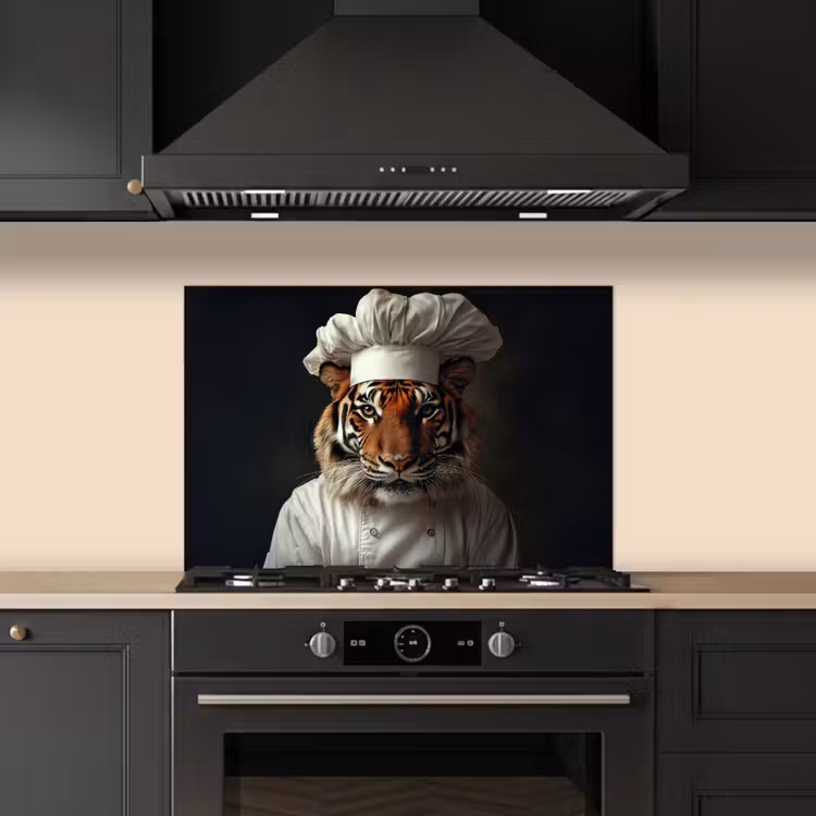 Tijger - Kokskleding - Bruin keuken achterwand spatscherm klein -sfeer1