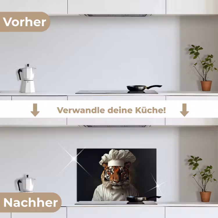 Tijger - Kokskleding - Bruin keuken achterwand spatscherm klein -voor_na_DE