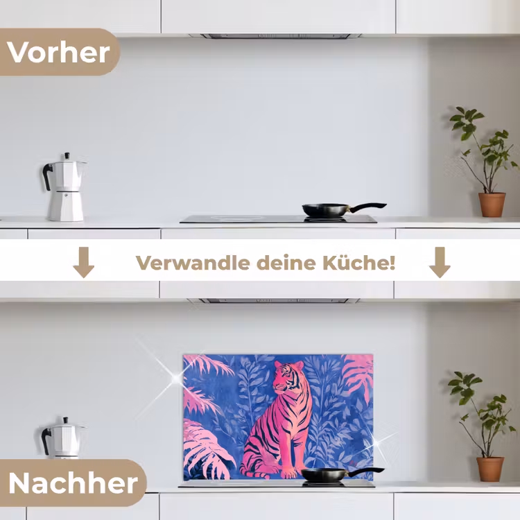 Tijger - Roze - Bladeren - Jungle keuken achterwand spatscherm klein -voor_na_DE