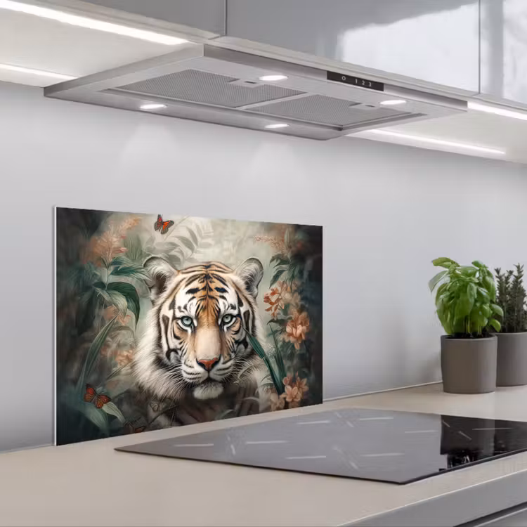 Tijger - Vlinders - Dieren - Jungle - Bloemen keuken achterwand spatscherm klein -3d_schuin