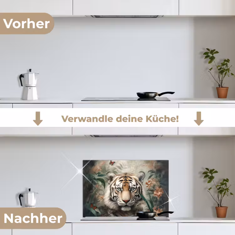 Tijger - Vlinders - Dieren - Jungle - Bloemen keuken achterwand spatscherm klein -voor_na_DE