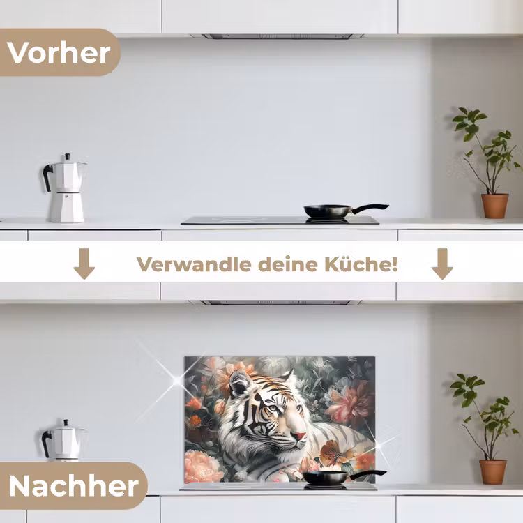 Tijger - Wilde dieren - Bloemen - Jungle keuken achterwand spatscherm klein -voor_na_DE
