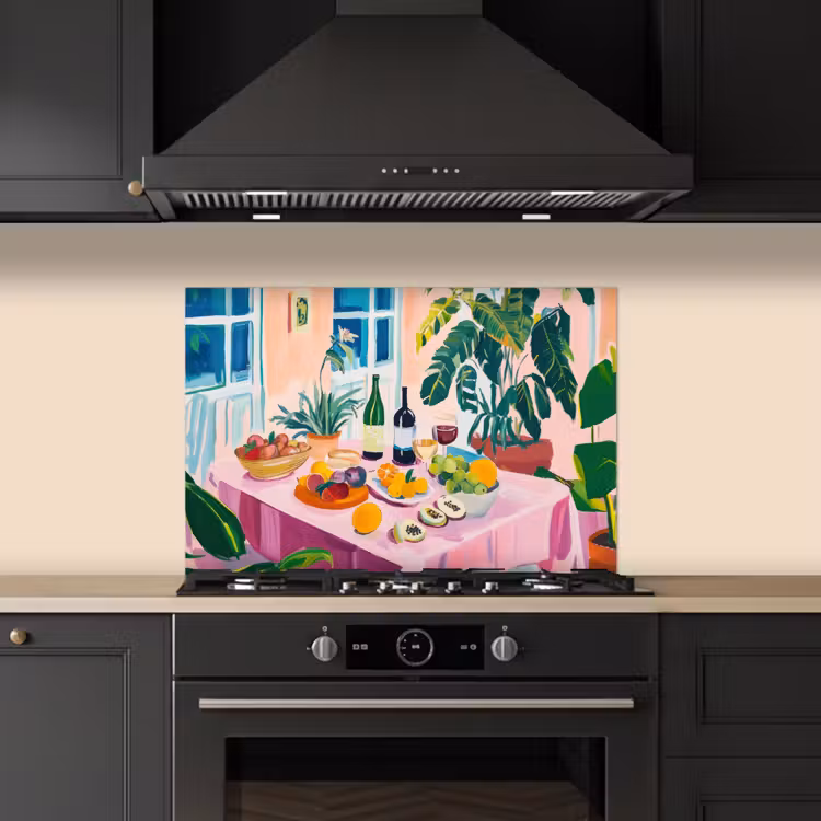 Tafel - Wijn - Fruit keuken achterwand spatscherm klein -sfeer1