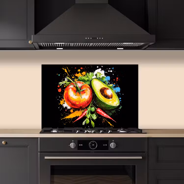 Tomaat - Avocado - Peper - Graffiti - Verf - Modern keuken achterwand spatscherm klein -sfeer1