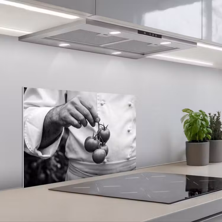 Tomaten - Chef - Zwart - Wit keuken achterwand spatscherm klein -3d_schuin