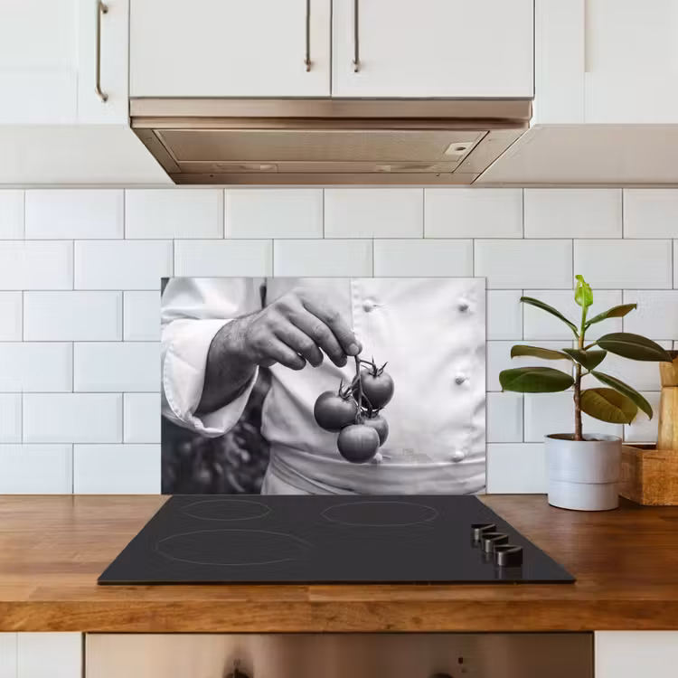 Tomaten - Chef - Zwart - Wit keuken achterwand spatscherm klein -sfeer2