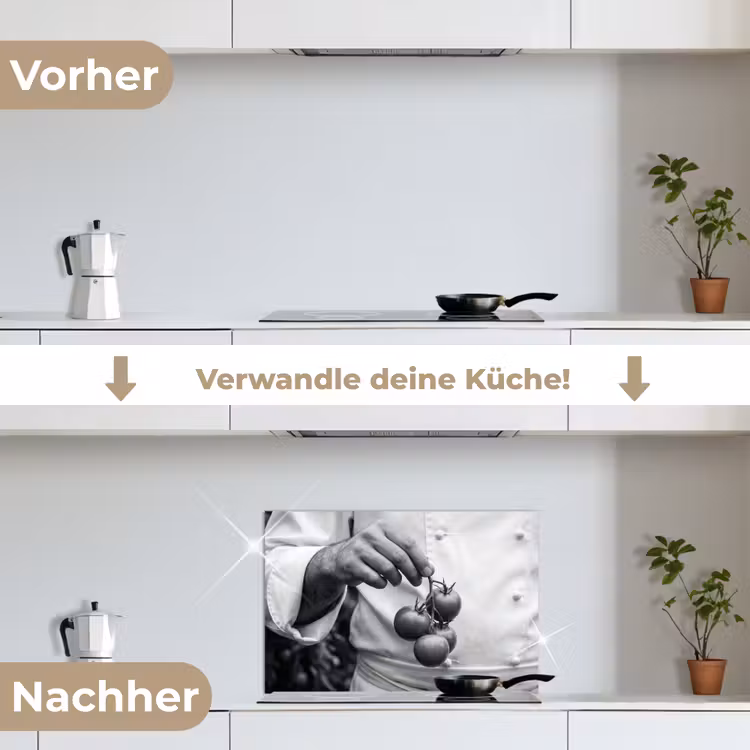 Tomaten - Chef - Zwart - Wit keuken achterwand spatscherm klein -voor_na_DE
