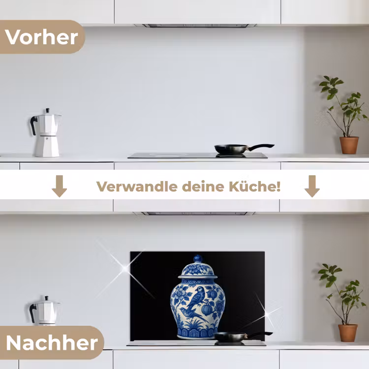 Pot - Delfts Blauw - Bloemen keuken achterwand spatscherm klein -voor_na_DE