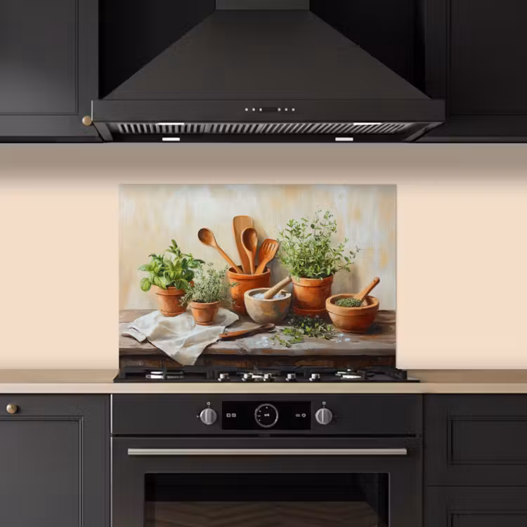 Potten - Kruiden - Hout keuken achterwand spatscherm klein -sfeer1