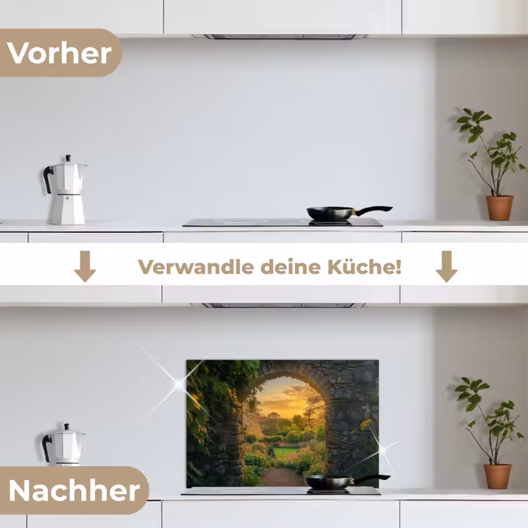 Poort - Planten - Zonsondergang keuken achterwand spatscherm klein -voor_na_DE