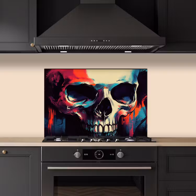 Schedel - Abstract - Rood - Blauw - Graffiti keuken achterwand spatscherm klein -sfeer1