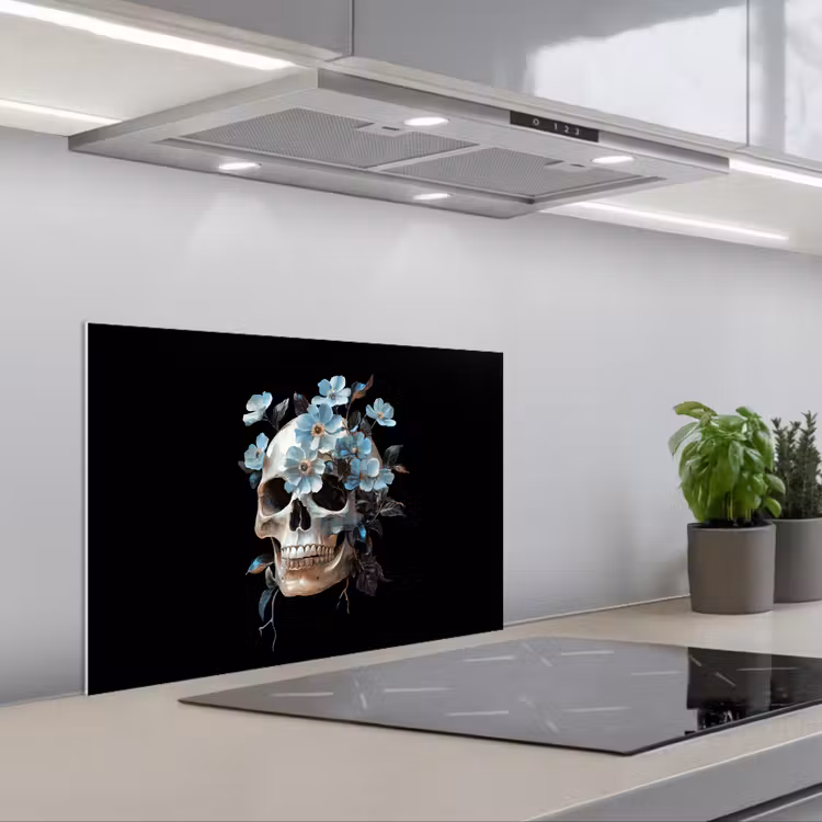 Schedel - Blauw - Bloemen - Bladeren keuken achterwand spatscherm klein -3d_schuin