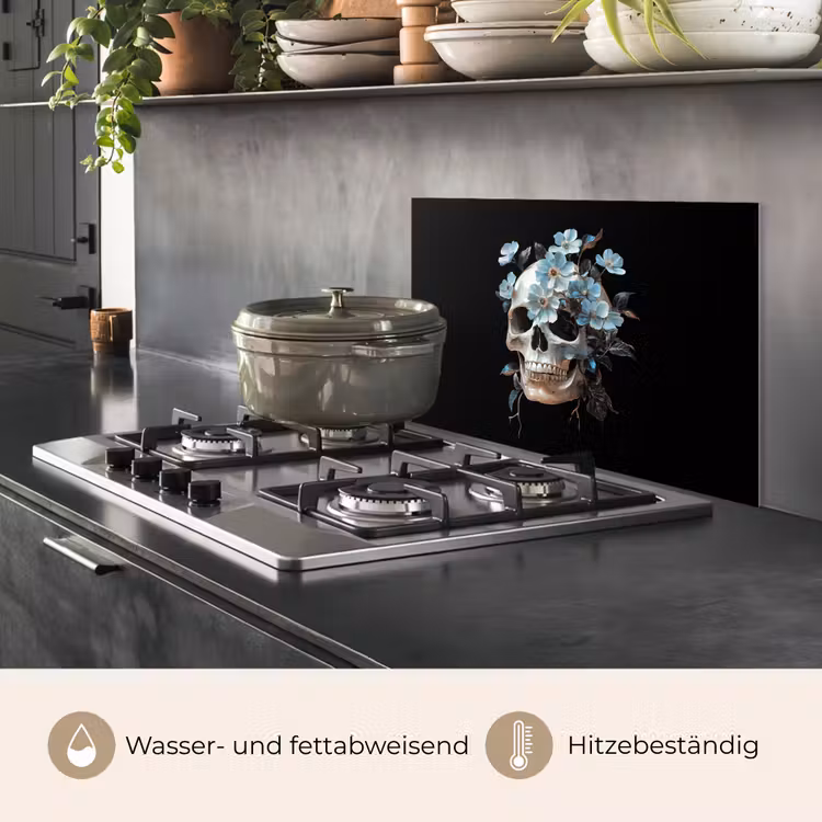 Schedel - Blauw - Bloemen - Bladeren keuken achterwand spatscherm klein -usp_DE