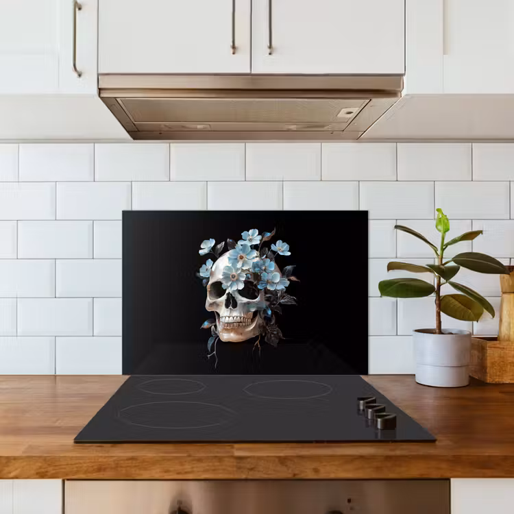 Schedel - Blauw - Bloemen - Bladeren keuken achterwand spatscherm klein -sfeer2