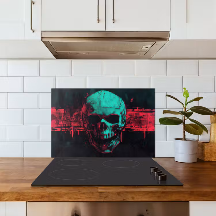 Schedel - Cyberpunk - Neon Rood keuken achterwand spatscherm klein -sfeer2