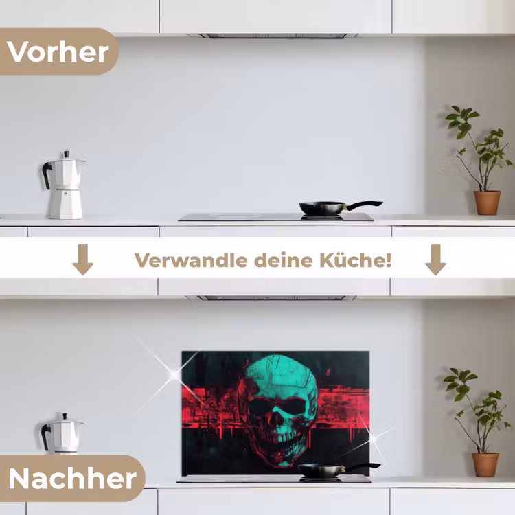Schedel - Cyberpunk - Neon Rood keuken achterwand spatscherm klein -voor_na_DE