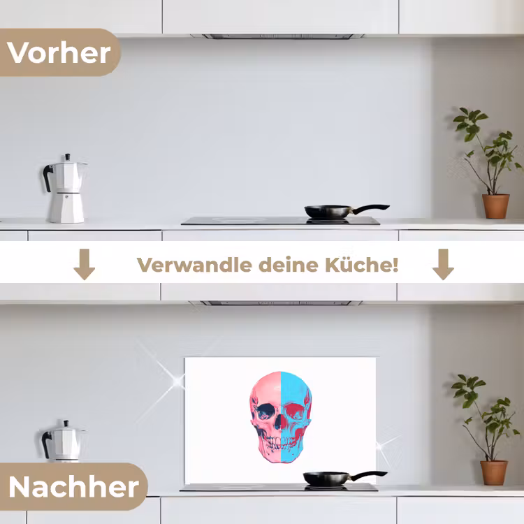 Schedel - Grafisch - Roze - Verdeeld keuken achterwand spatscherm klein -voor_na_DE
