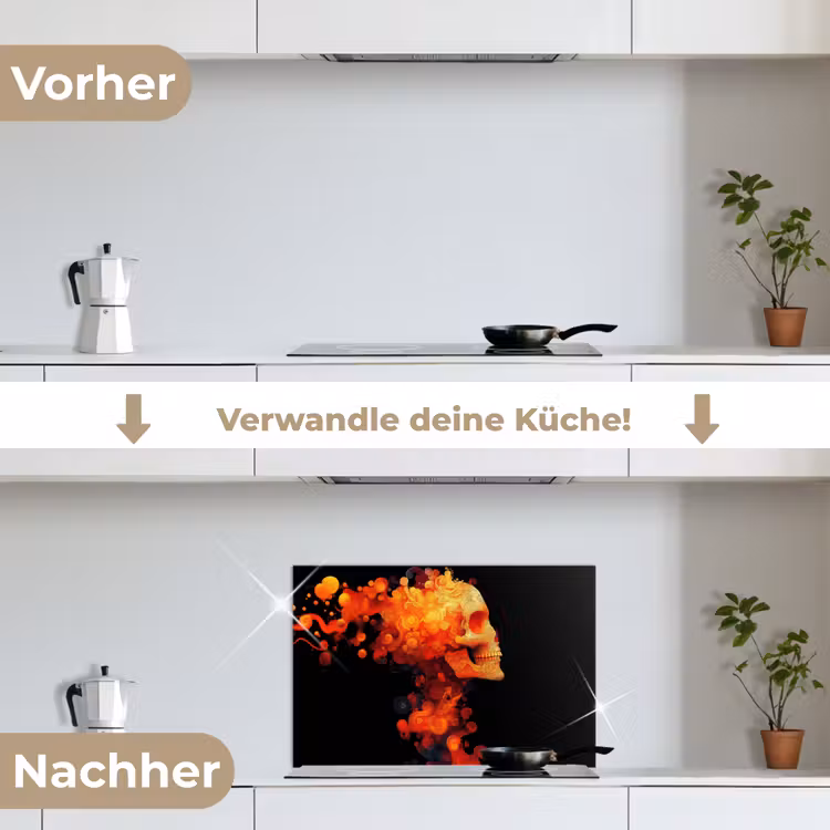 Schedel - Oranje - Zijaanzicht - Vlammen keuken achterwand spatscherm klein -voor_na_DE