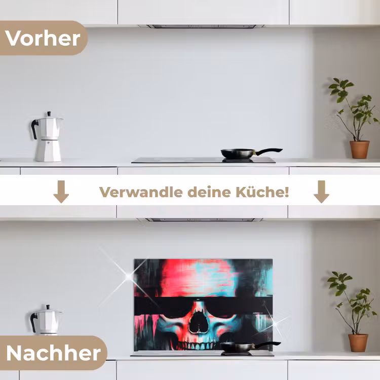 Schedels - Glitch - Cyberpunk keuken achterwand spatscherm klein -voor_na_DE