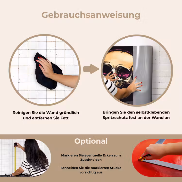 Schedels - Graffiti - Neon keuken achterwand spatscherm klein -gebruiksaanwijzing_DE