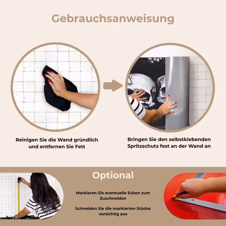 Schedels - Zwart - Contrast keuken achterwand spatscherm klein -gebruiksaanwijzing_DE