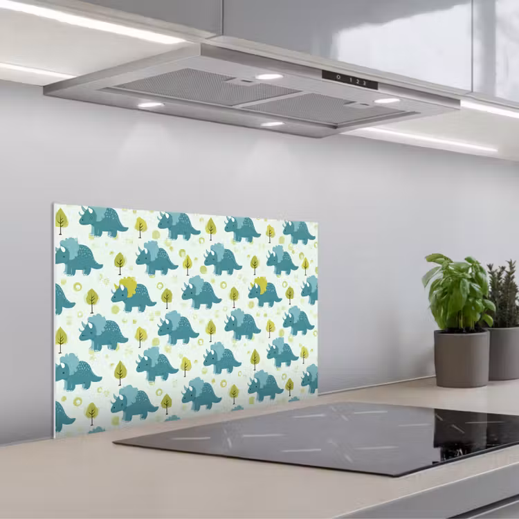 Triceratop - Blauw - Stippen - Boompjes keuken achterwand spatscherm klein -3d_schuin