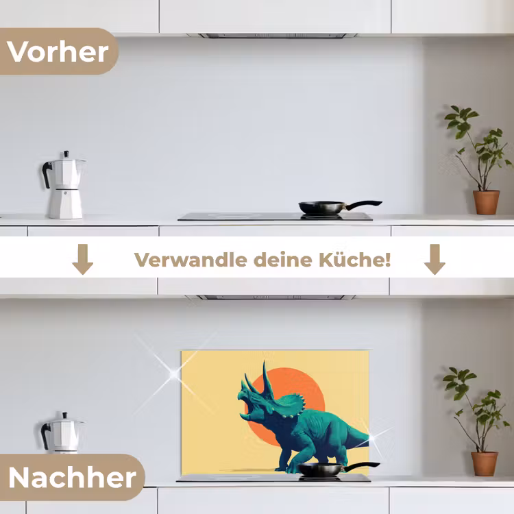 Triceratops - Cirkel - Oranje - Hoorns keuken achterwand spatscherm klein -voor_na_DE