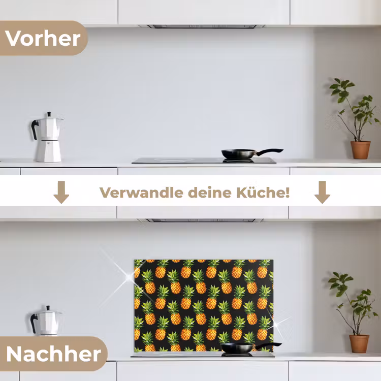 Tropische - Ananas - Zwart keuken achterwand spatscherm klein 900 -voor_na_DE