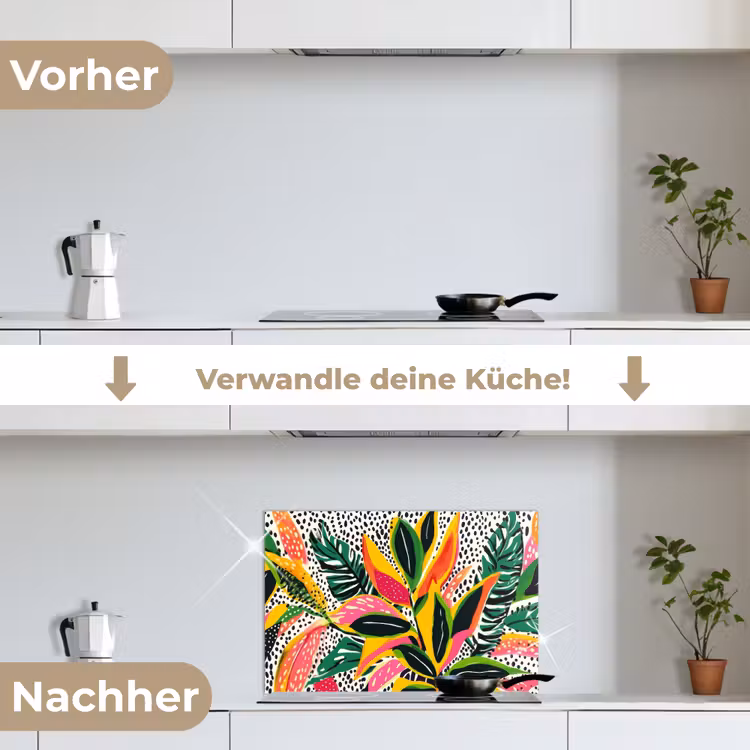 Tropisch - Bladeren - Zwart - wit keuken achterwand spatscherm klein -voor_na_DE