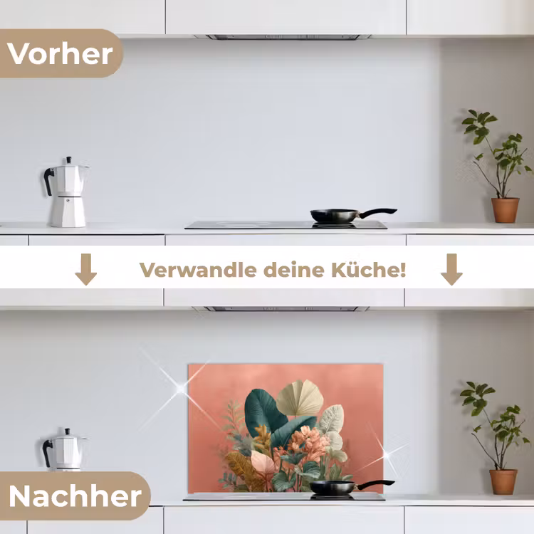 Tropische bladeren - Bloemen - Roze - groen keuken achterwand spatscherm klein -voor_na_DE