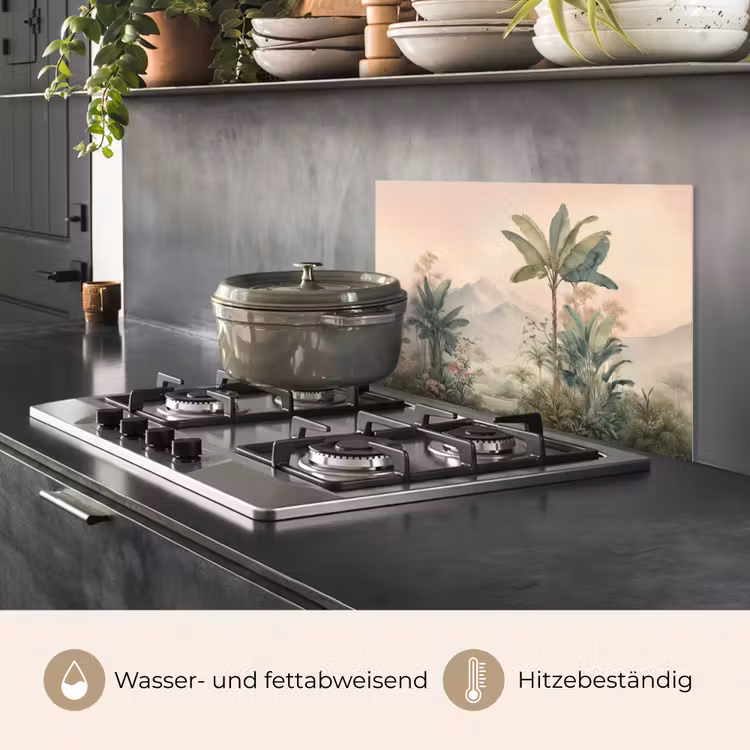 Tropisch landschap - palmbomen - Bloemen - Roze lucht keuken achterwand spatscherm klein -usp_DE