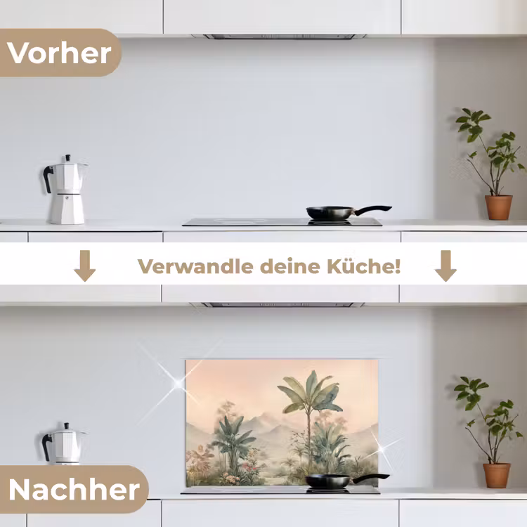 Tropisch landschap - palmbomen - Bloemen - Roze lucht keuken achterwand spatscherm klein -voor_na_DE
