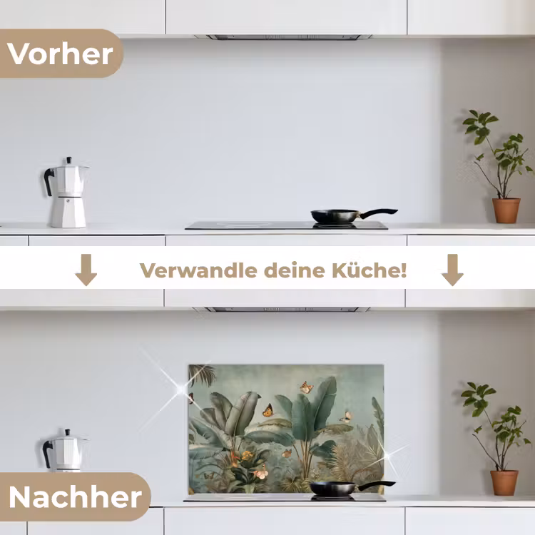 Tropisch bladerdek - Vlinders - groen - Bruin keuken achterwand spatscherm klein -voor_na_DE