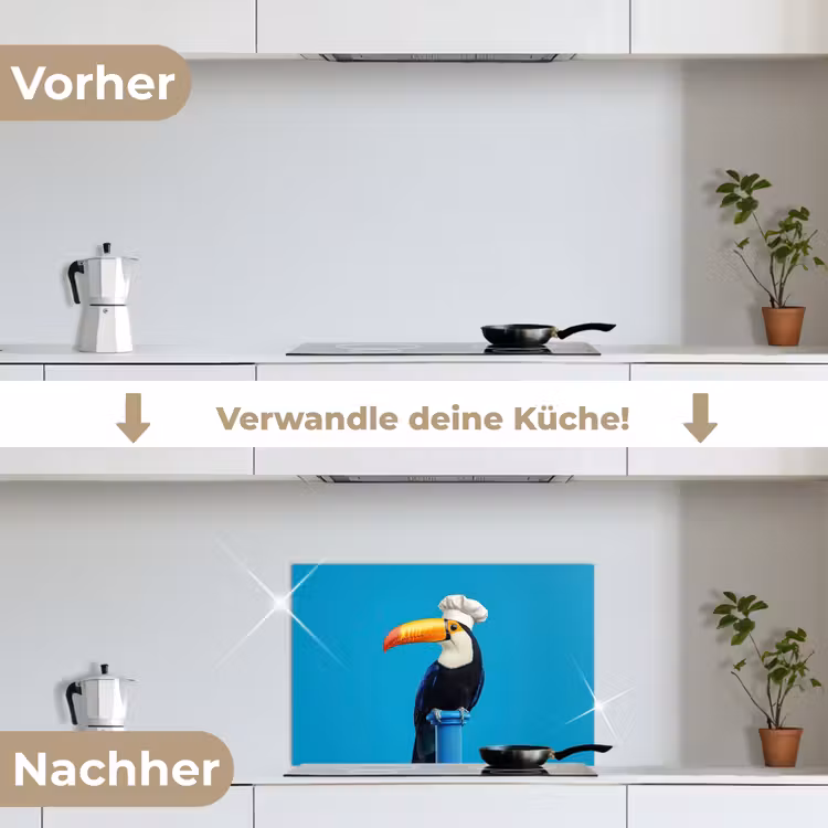 Tucan - Sokkel - Vogel - Koksmuts keuken achterwand spatscherm klein -voor_na_DE
