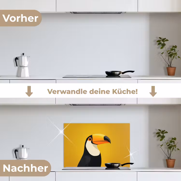 Toekan - Minimalistisch - Snavel - Oranje keuken achterwand spatscherm klein -voor_na_DE