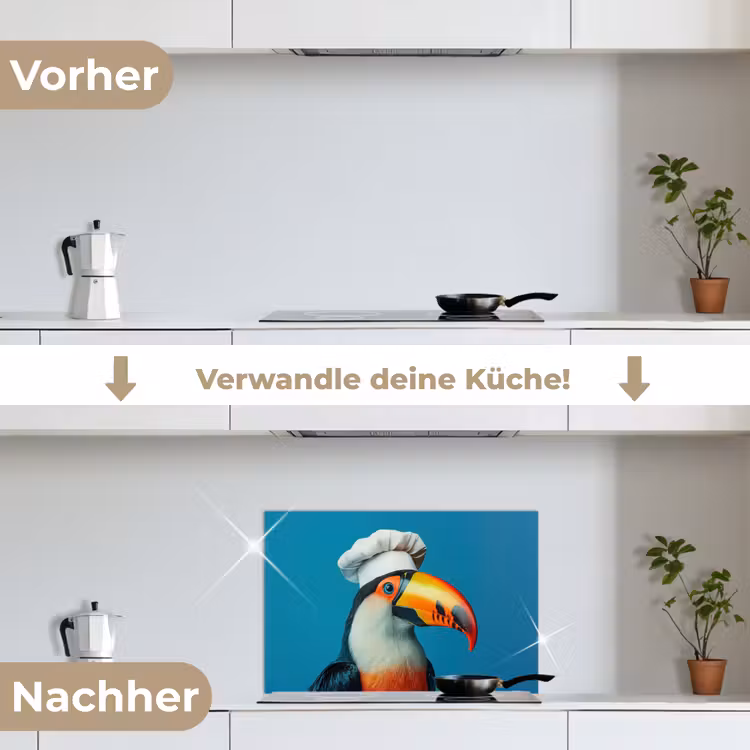 Toekan - Papegaai - Vogel - Koksmuts keuken achterwand spatscherm klein -voor_na_DE