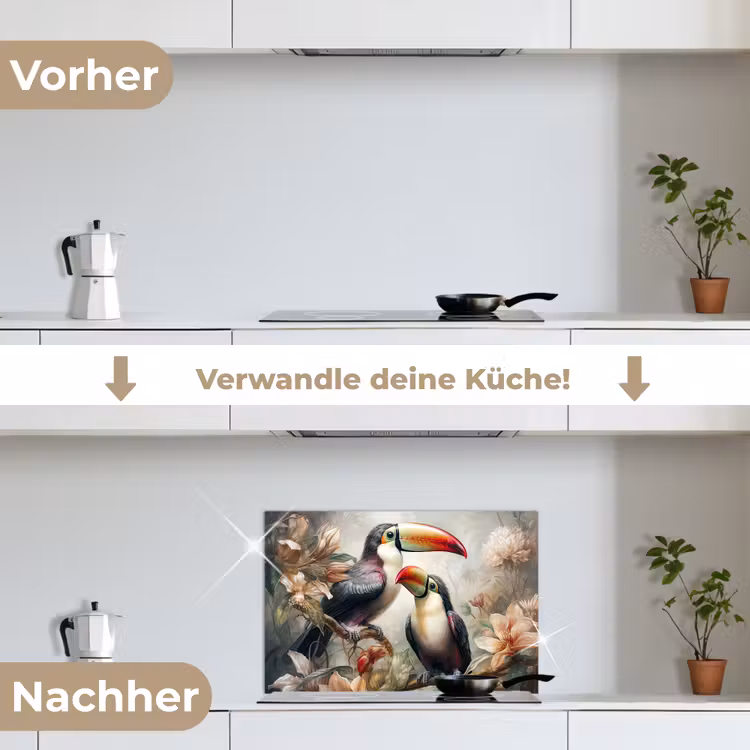 Toekan - Vogels - Bloemen - Jungle keuken achterwand spatscherm klein -voor_na_DE