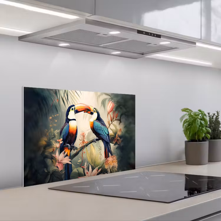 Toekan - Vogels - Bloemen - Natuur - Jungle keuken achterwand spatscherm klein -3d_schuin