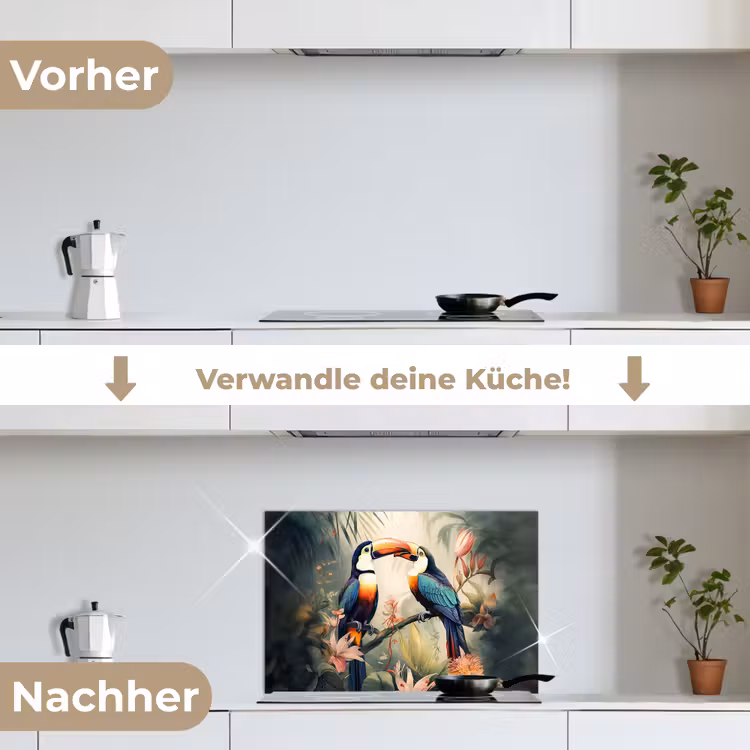 Toekan - Vogels - Bloemen - Natuur - Jungle keuken achterwand spatscherm klein -voor_na_DE