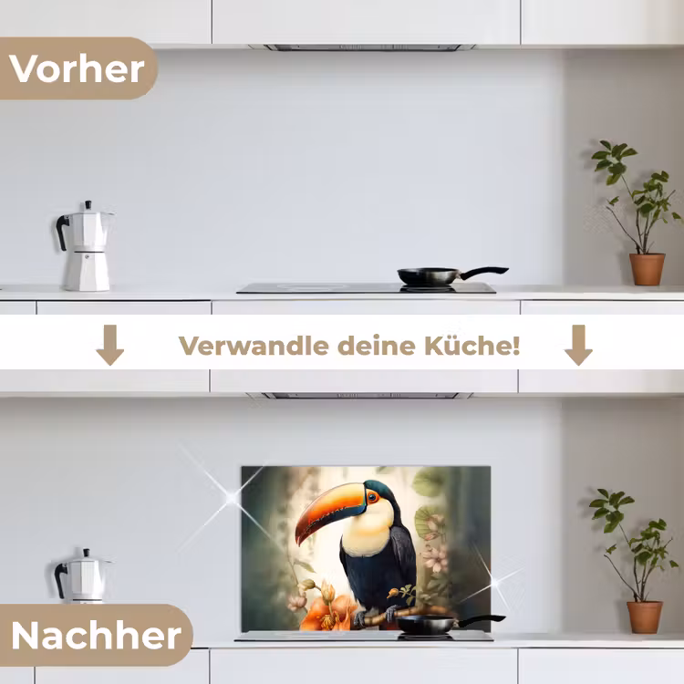 Toekan - Vogel - Bloemen - Planten keuken achterwand spatscherm klein -voor_na_DE