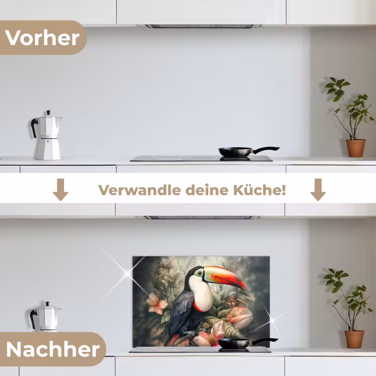 Toekan - Vogels - Bloemen - Planten - Tropisch keuken achterwand spatscherm klein -voor_na_DE