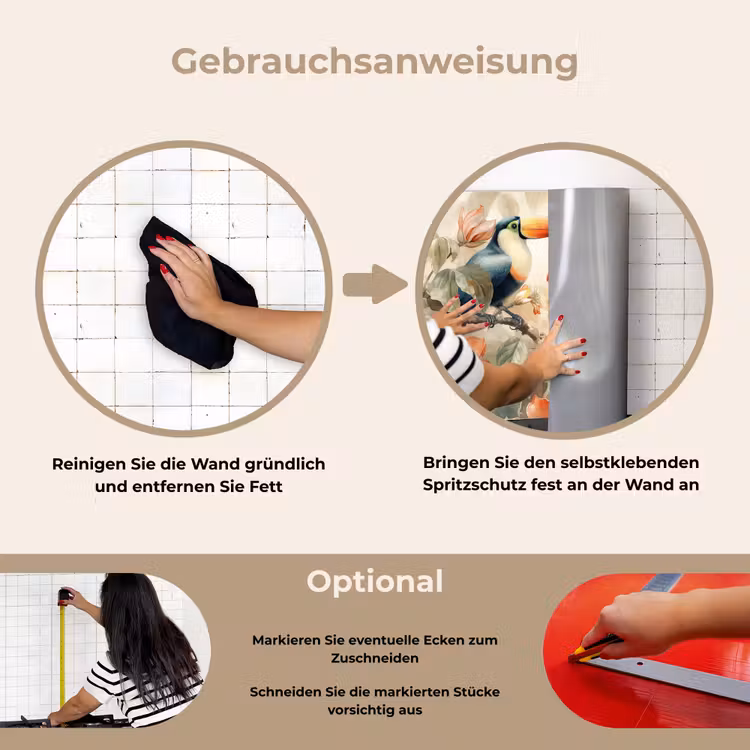 Toekan - Vogels - Bloemen - Tak keuken achterwand spatscherm klein -gebruiksaanwijzing_DE