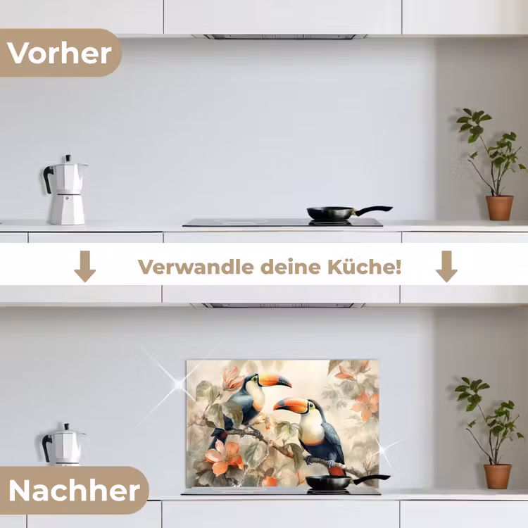 Toekan - Vogels - Bloemen - Tak keuken achterwand spatscherm klein -voor_na_DE