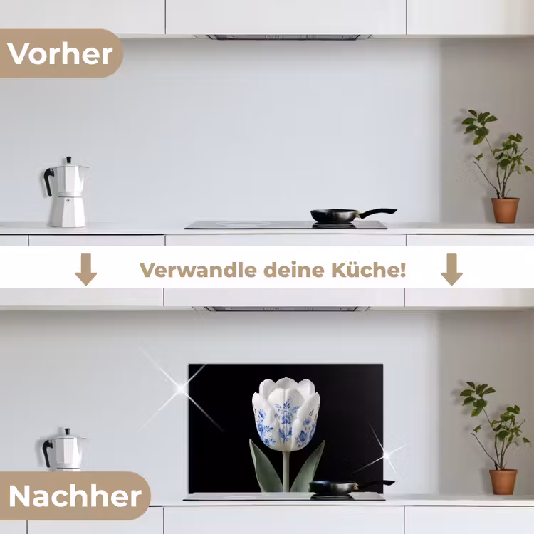 Tulp - Patroon - Blauw keuken achterwand spatscherm klein -voor_na_DE