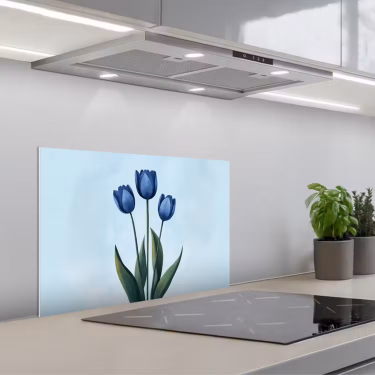 Tulpen - Blauw - Bladeren keuken achterwand spatscherm klein -3d_schuin
