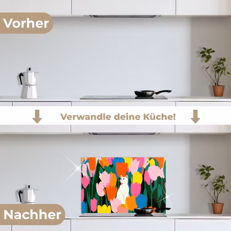 Tulpen - Kat - Kleurrijk keuken achterwand spatscherm klein -voor_na_DE