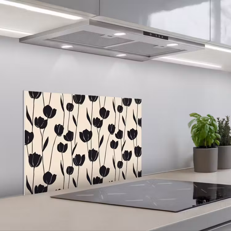 Tulpen - Patroon - Zwart keuken achterwand spatscherm klein 900 -3d_schuin
