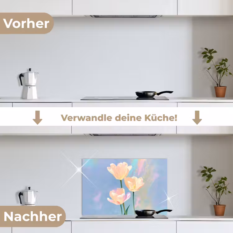 Tulpen - Roze accenten - Blauw keuken achterwand spatscherm klein -voor_na_DE