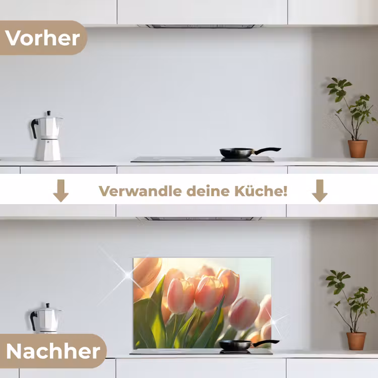 Tulpen - Roze - Zonnestralen keuken achterwand spatscherm klein -voor_na_DE