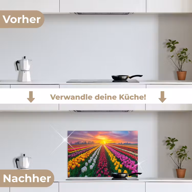 Tulpenveld - Zonsondergang - Kleurrijk keuken achterwand spatscherm klein -voor_na_DE